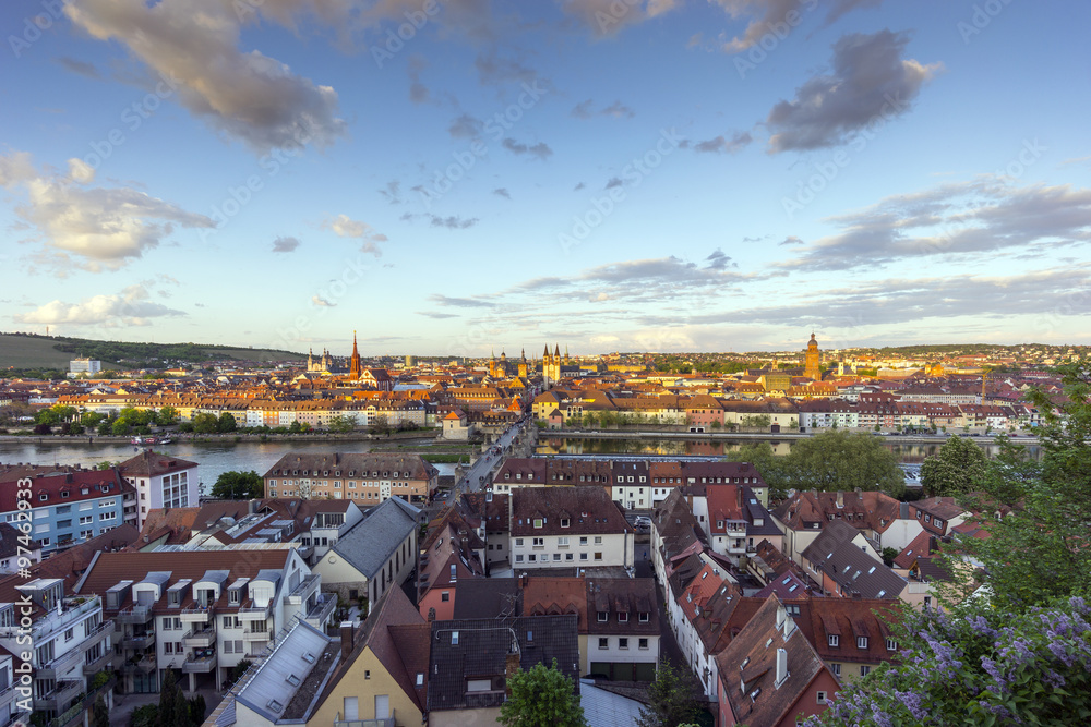 Aerial panoramic view of the historic city of Wurzburg with Alte Mainbrucke at evening, Bavaria, Germany.