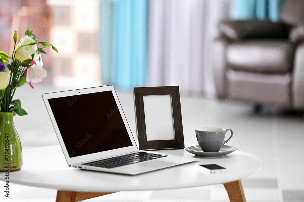 Comfortable workplace at home with laptop Comfortable workplace at home with laptop