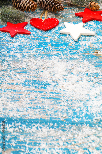 Winter decoration. Composition on wood background.