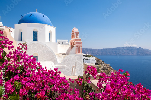 Scenic view of traditional cycladic houses with flowers in foreg