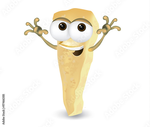 
Happy parmesan cartoon character, smiling and waving hands.
