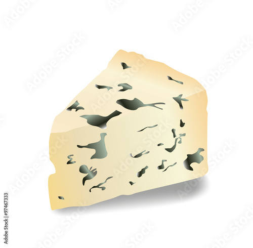 Simple, realistic yellow Roquefort illustration, front view of a piece of Gorgonzola or Stilton