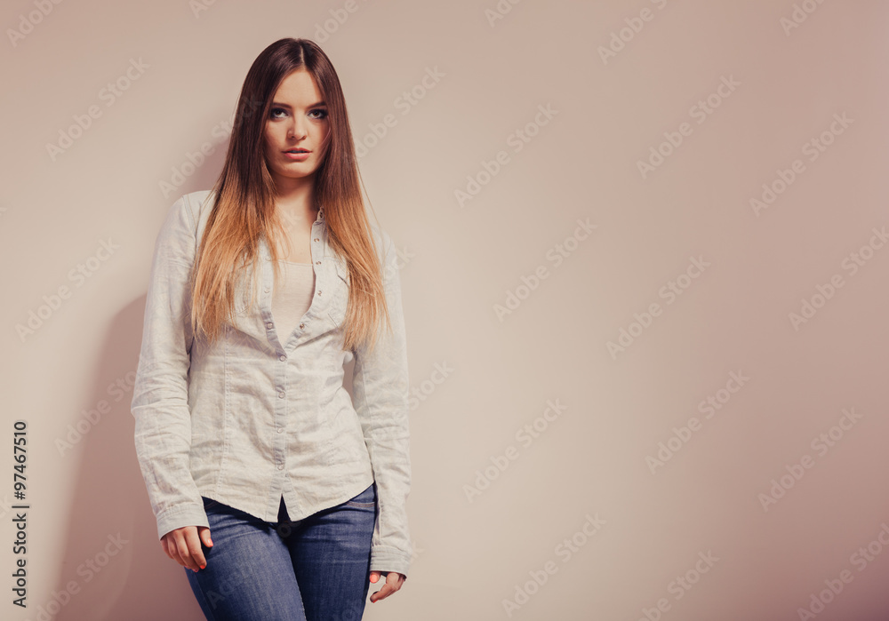 fashionable woman in shirt denim pants fashionable woman in shirt denim pants