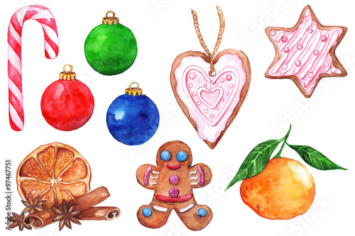 Isolated set of watercolor Christmas elements: candy cane, Christmas ball, gingerbreads, cinnamon, anise, lemon, mandarin