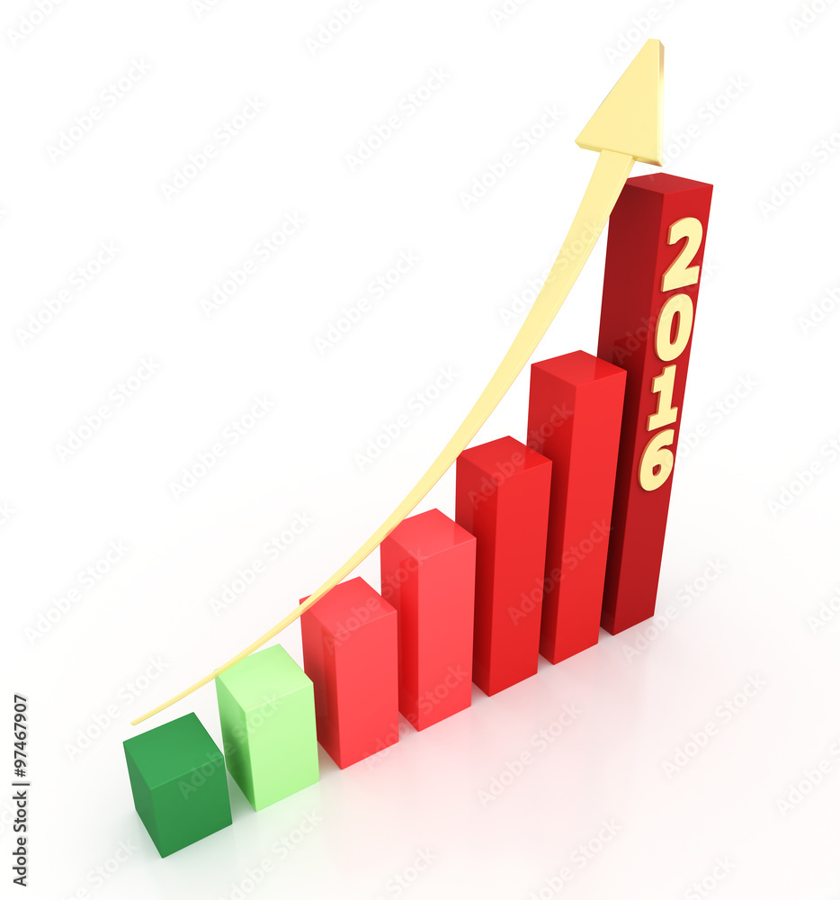 2016 growth chart on white background. Bar graph with rising arrow. 2016 growth chart on white background. Bar graph with rising arrow.