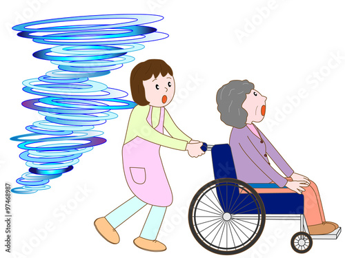 竜巻で車いす老人と介護士が避難している