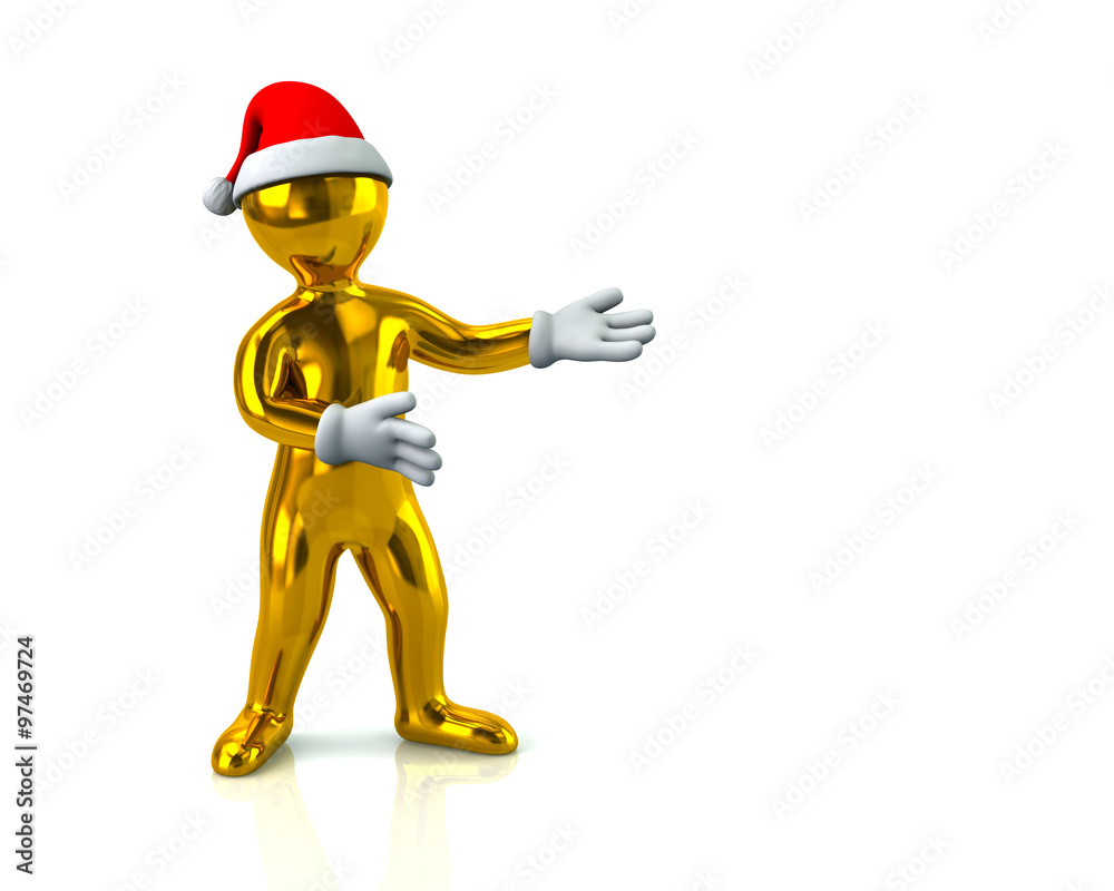 Golden cartoon man in Santa hat presenting empty space Golden cartoon man in Santa hat presenting empty space