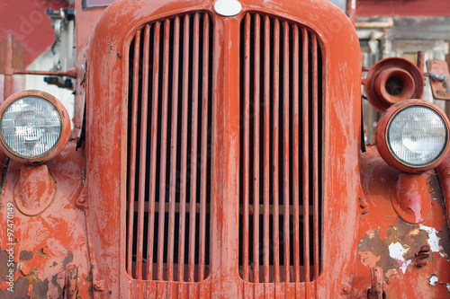 Weathered Grill of a Red Vintage Fire Truck