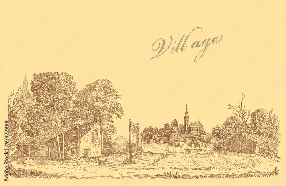 Old village art illustration