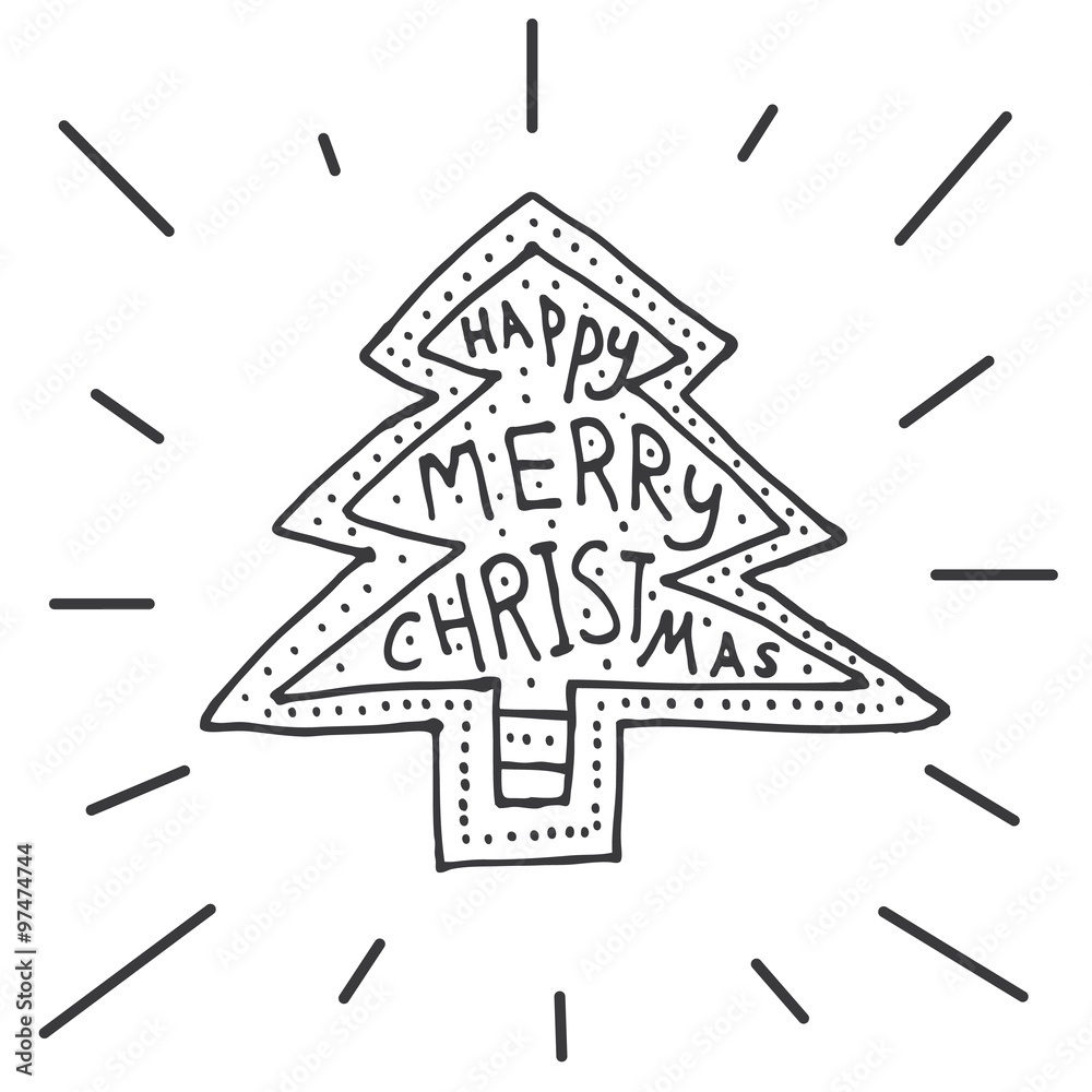Merry Christmas background with hand lettering and christmas tre