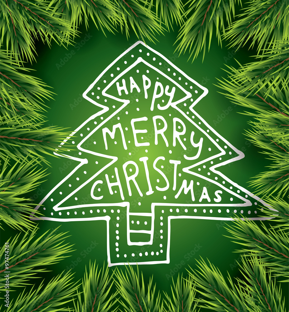 Obraz premium Christmas card with white tree on green background and pine branch. Some elements have transparency mode different from normal.