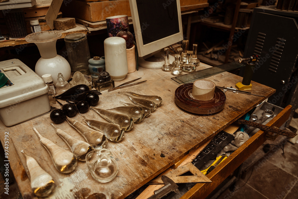 work space in a glassware workshop with tools