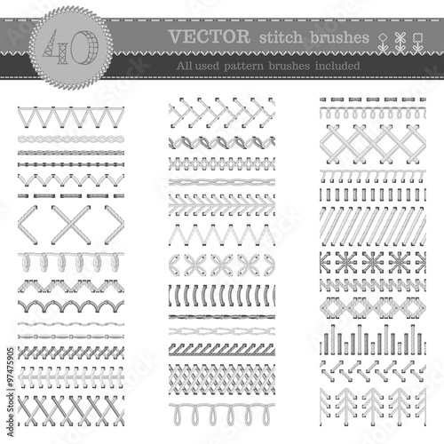 Vector set of white seamless stitch brushes. photo