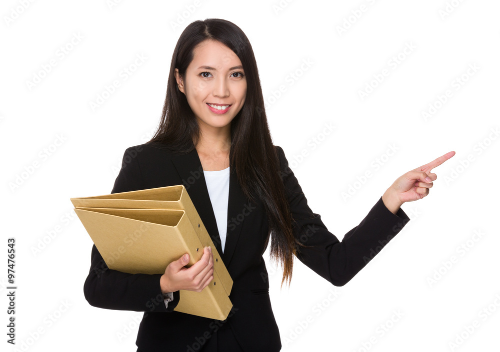 Businesswoman hold with folder and finger point up Businesswoman hold with folder and finger point up
