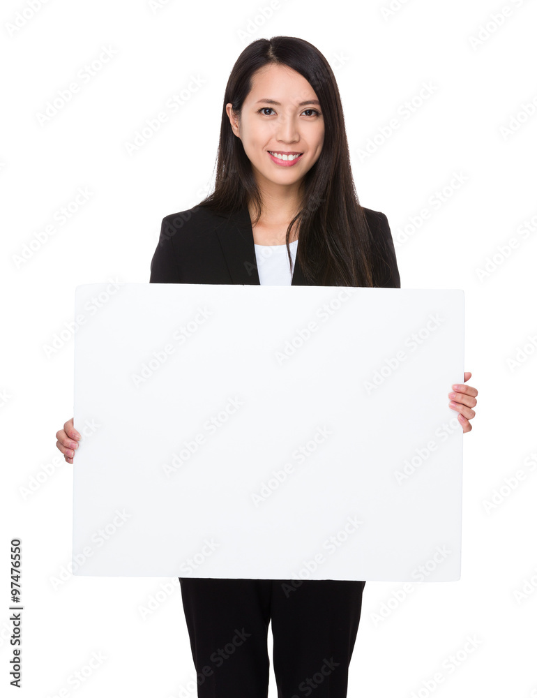 Asian Businesswoman showing with white banner Asian Businesswoman showing with white banner