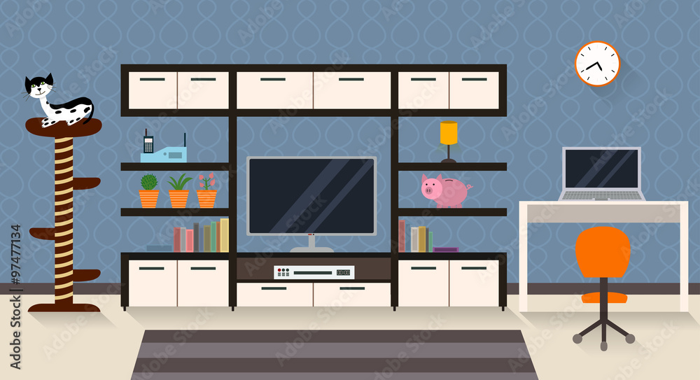 Interior of a living room with furniture and TV. Modern flat design illustration with long shadows Interior of a living room with furniture and TV. Modern flat design illustration with long shadows