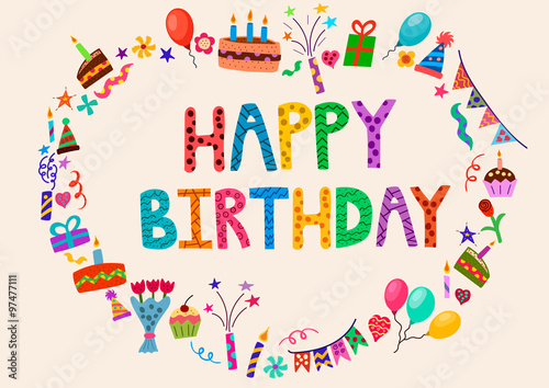 Happy birthday greeting card. Vector party invitation with cute elements.