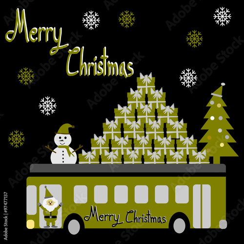 Christmas Greeting Card, Merry Christmas, Santa Claus, snowman and gifts on the bus vector