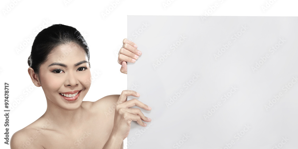 Beautiful asian woman holding blank banner Beautiful asian woman holding blank banner