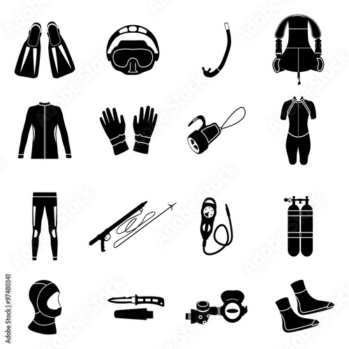 Scuba diving equipment. Sport underwater, water sea, glove and flashlight, mask and snorkel, vector illustration