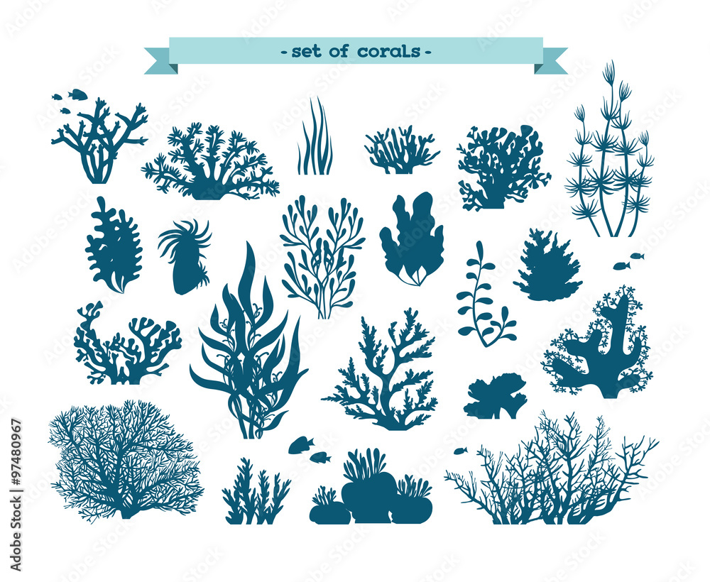 Naklejka premium Podwodny zestaw koralowców i alg.