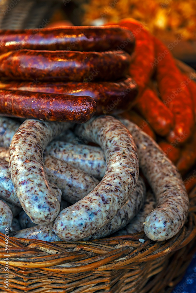 Fototapeta premium Traditional romanian sausages in a wicker basket 2