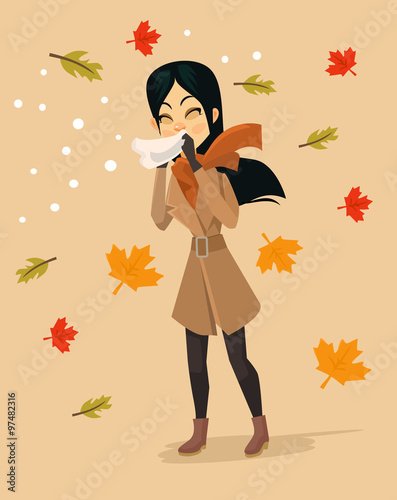 Woman blowing nose. Vector flat cartoon illustration