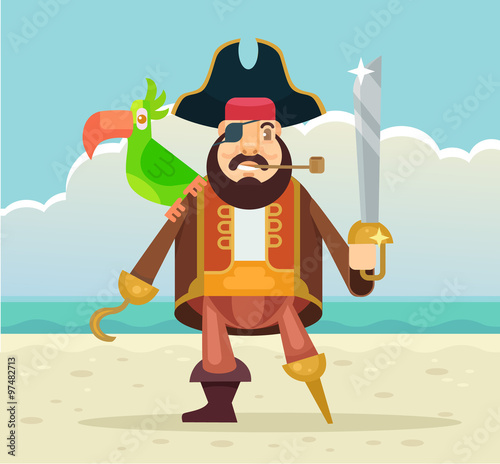 Pirate captain with parrot. Vector flat illustration