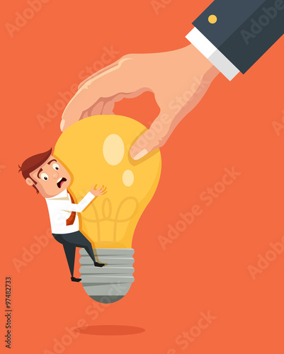 Hand stealing idea light bulb. Vector flat illustration