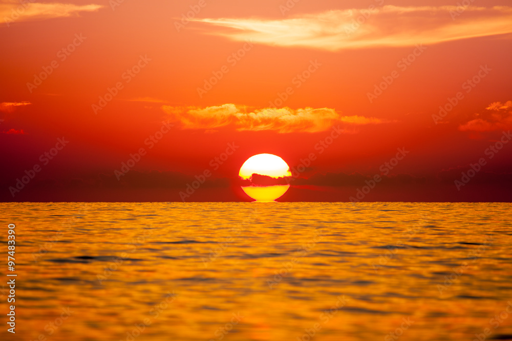 Background of beautiful sunset over Mediterranean sea waves. Sel
