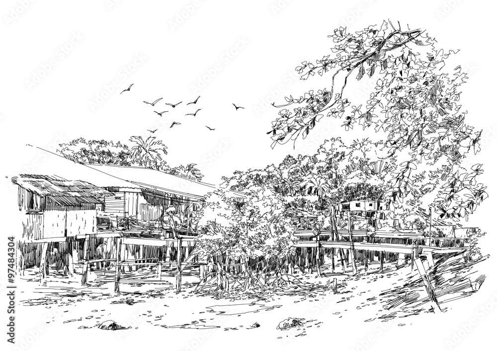 Obraz premium landscape sketch of fishing village in summer