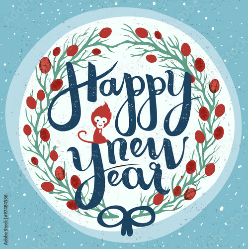 Happy New Year hand made lettering, greeting card.