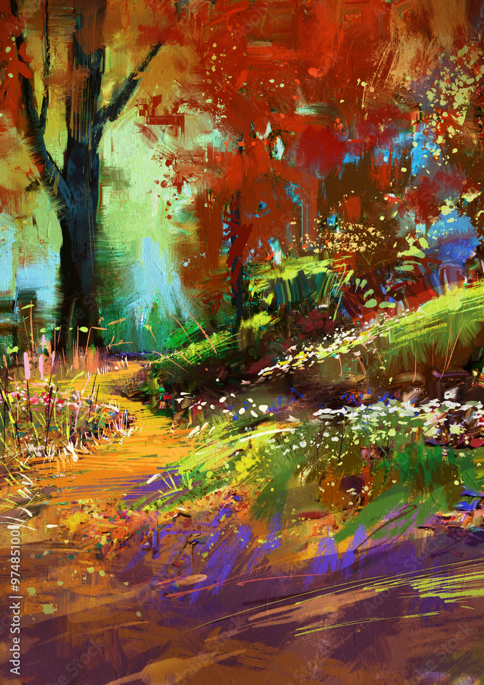 digital painting of autumn colorful forest