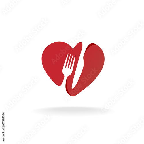 Fork and knife with heart shape lovely food logo. Cutlery sign.