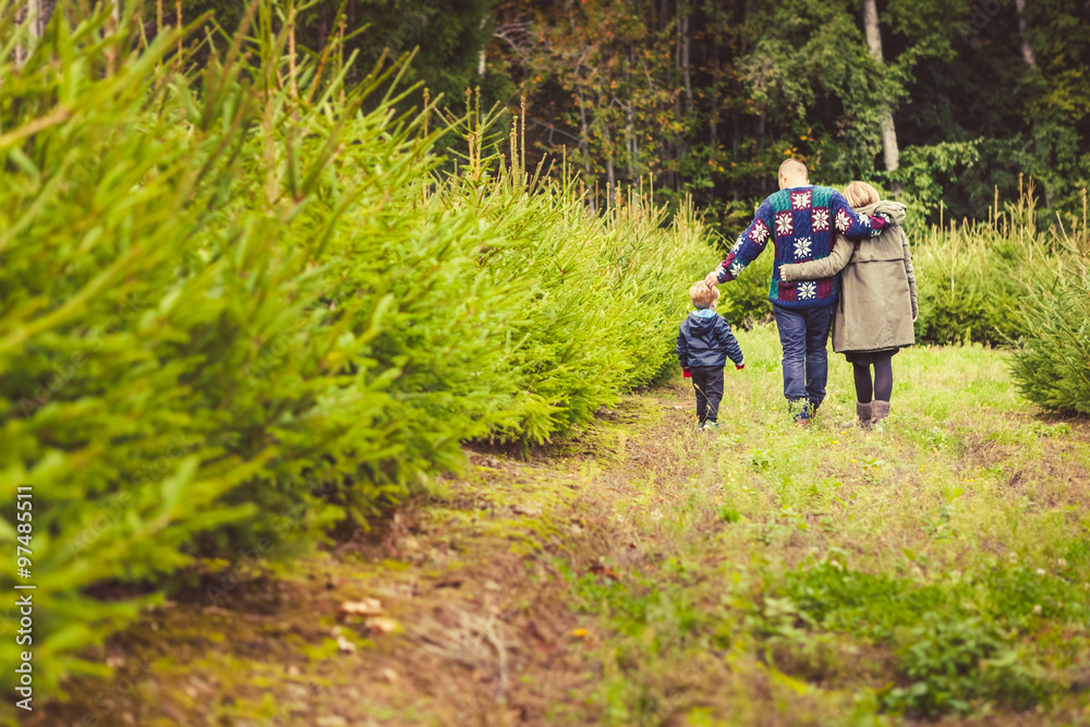 Happy Family with Child Choosing the Christmas Tree at the Farm