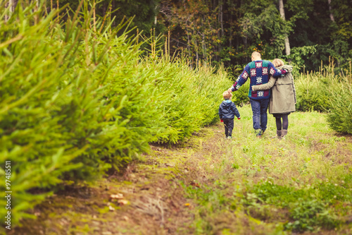 Happy Family with Child Choosing the Christmas Tree at the Farm