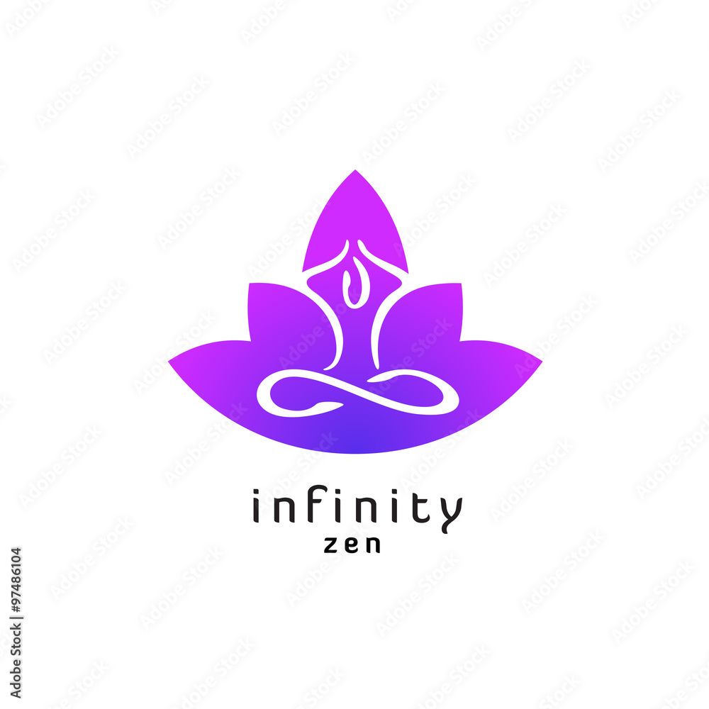 Yoga zen pose logo with lotus flower silhouette. Infinity sign l Yoga zen pose logo with lotus flower silhouette. Infinity sign l