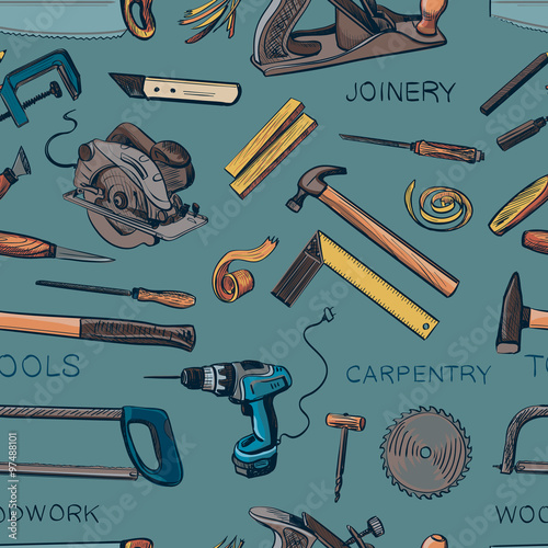 Pattern from various Carpentry, woodworker, joinery tools