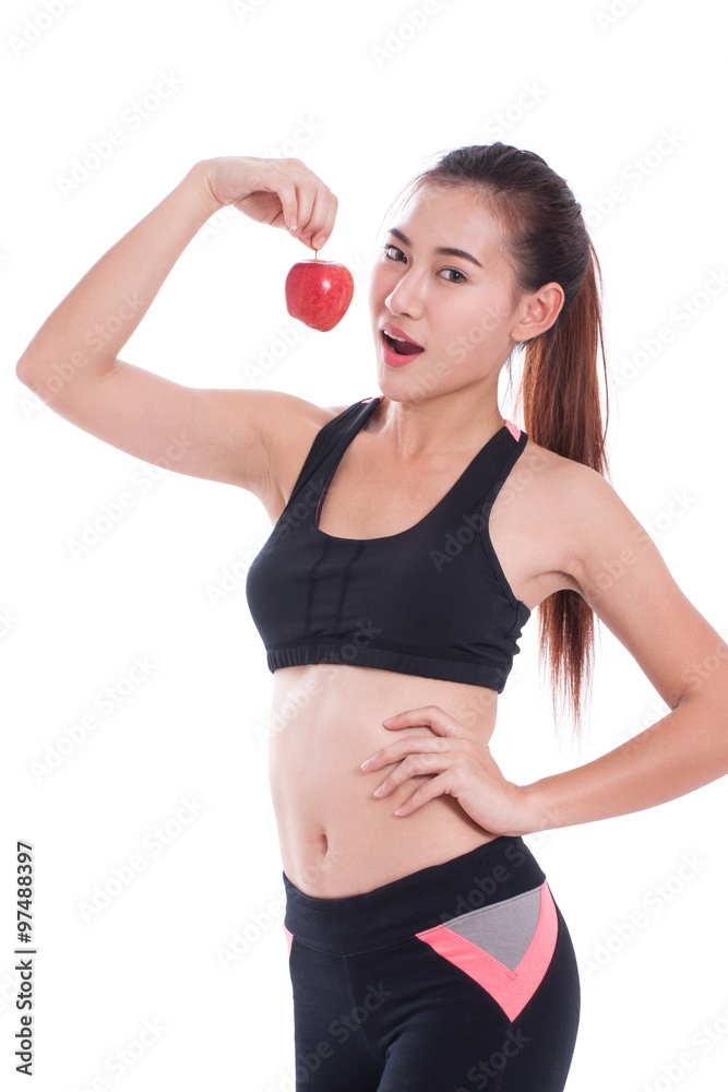 Fitness young woman holding apple on white background. healty concept Fitness young woman holding apple on white background. healty concept