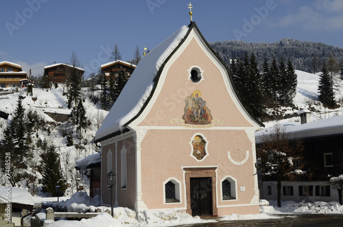 Austria, Chapel in Fieberbrunn and homes in traditional timber structure