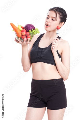 Healthy eating, happy young woman with vegetables on white background