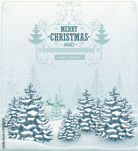 Merry Christmas and Happy New Year forest winter landscape with snowfall and spruces vintage vector illustration