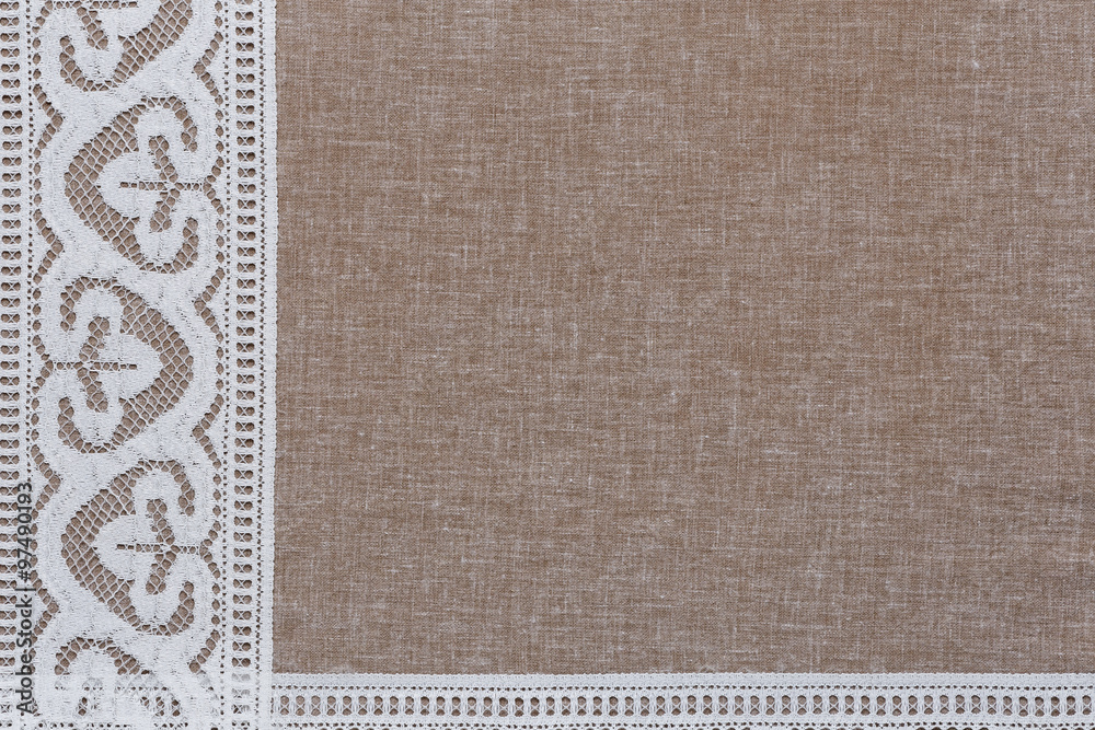 Fototapeta premium Natural linen texture with white lace