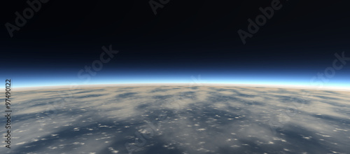 View of the surface of the earth from space. Large clouds. No stars. White and blue lights.