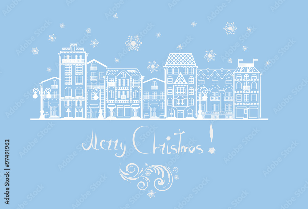 Fototapeta premium Christmas illustration with Winter Street and vignette