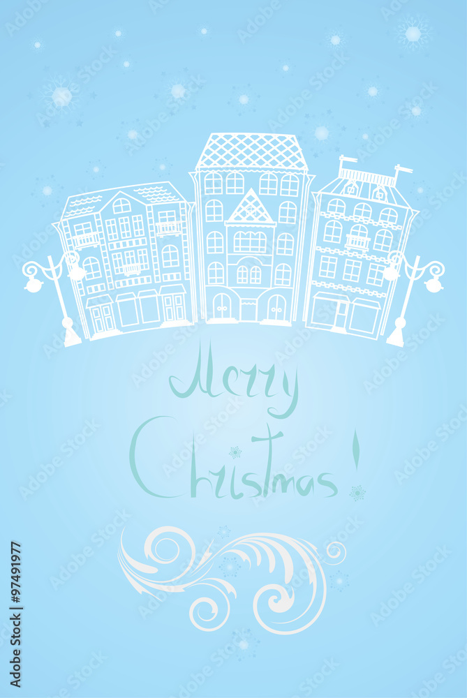Christmas illustration with Winter Street and vignette