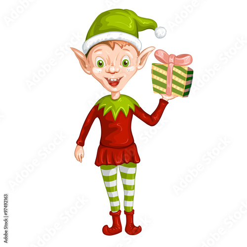 Cute Christmas elf holding a gift