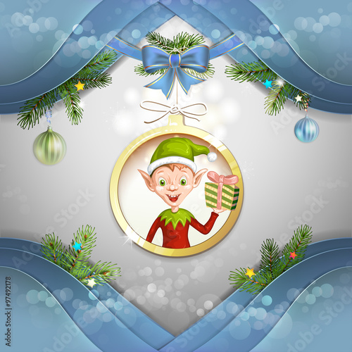 Cute cartoon of a Christmas elf holding a gift box