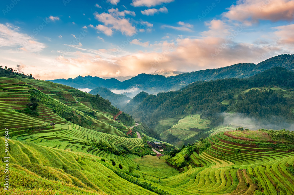 Sunrise over terraced rice paddy in Mu Cang Chai district of Yen Bai province, highland 