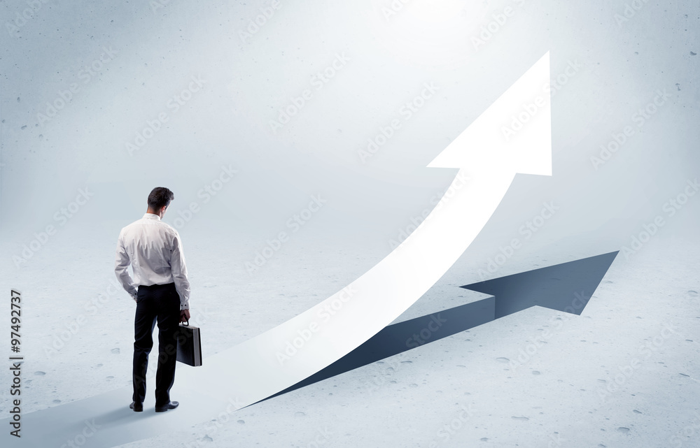 Arrow pointing up with standing salesman Arrow pointing up with standing salesman